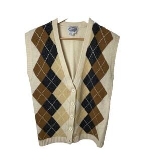VTG 60s The Villager Lambswool Argyle V-Neck Cardigan Sweater Preppy Women Lrg